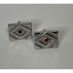 Swank Silver Tone Rectangular Cufflinks with Red Stone Diamond Pattern